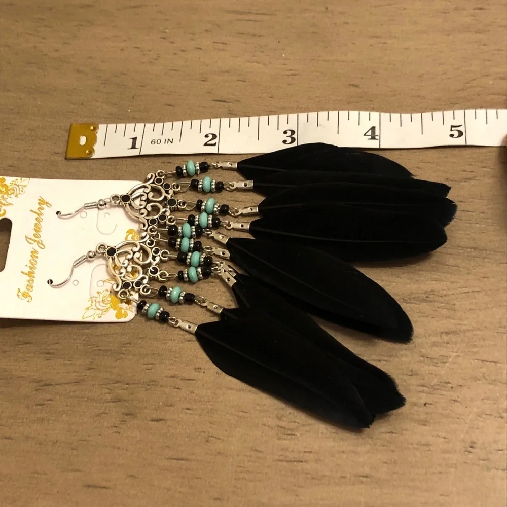 Black Feather Bohemian Dangle Earrings With Blue Beads Fashion Jewelry